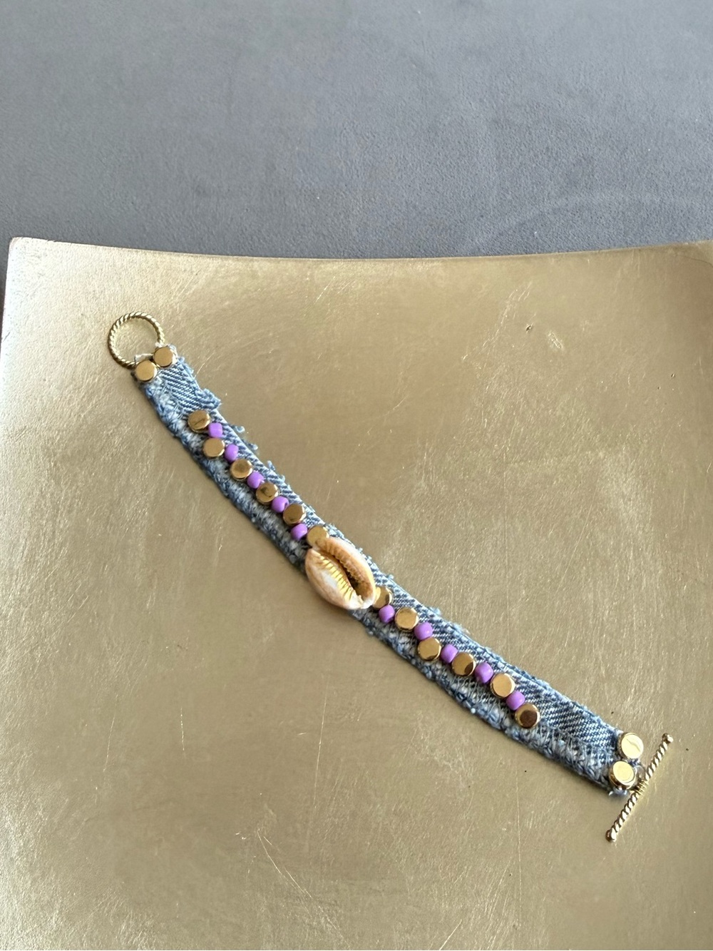 Blue Denim Shell Bracelet Gold Lavender Bead Accents Handmade Upcycled Gift